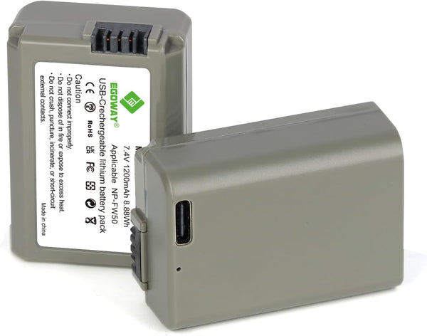 NP-FW50 Battery Replacement USB-C 2-in-1 Compatible with Sony ZV-E10, Alpha A6000, A6300, A6400, A6500, A5000, A5100, A7, A7II, A7R, A7RII, A7S, A7SII, RX10, RX10 II III IV Cameras