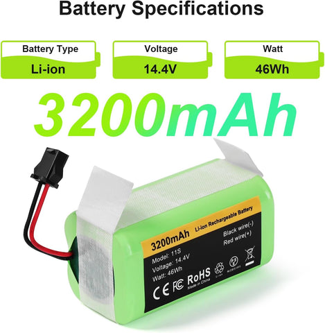 3200mAh Replacement Battery Compatible with Eufy RoboVac 11, 11S, 30C, 30, 35C, 15C, 15T, Ecovacs Deebot N79, N79S, 500, DN622 (3-Prong Connector)