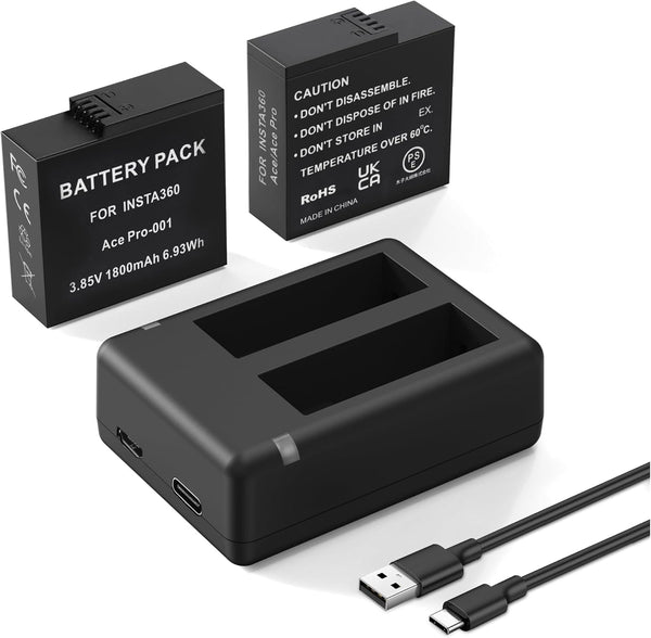 2 Packs 1800mAh Batteries for Insta 360 Ace Pro Battery, Compatible with Insta360 Ace/Ace Pro Camera, with Dual Fast Charge Hub (White)