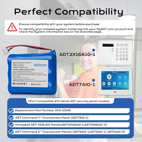 Replacement Battery 300-10186 for ADT Command Smart Security Panel ADT5AIO-1 ADT5AIO-2 ADT5AIO-3 ADT7AIO-1 Honeywell ADT 2X16 AIO Home Security Panel ADT2X16AIO-1 ADT2X16AIO-2, 9000mAh, 3.7V