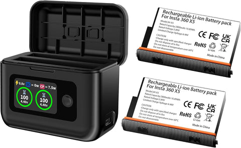 Insta 360 X5 Batteries (2 Packs) with Fast Charge Hub Dual Fast Charging Case w/LCD Display, Intelligent Charger Hub for Insta360 X5, Shows Battery SOC (Battery*2 and Charger*1)