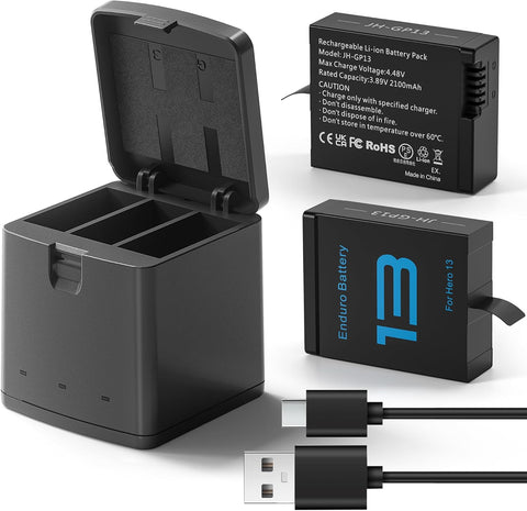 2 Packs Batteries 2100mAh Compatible with GoPro Hero 13 Black Camera with 3 Slot Battery Charging Station (Charger & 2 Batteries)