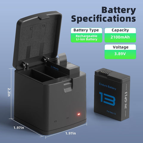 2 Packs Batteries 2100mAh Compatible with GoPro Hero 13 Black Camera with 3 Slot Battery Charging Station (Charger & 2 Batteries)