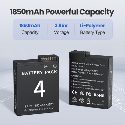 3 Packs Replacement Batteries Compatible with DJI Osmo Action 5pro, Osmo Action 4, Osmo Action 3, 1850mAh Rechargeable Battery, with 3-Channel Battery Charging Base