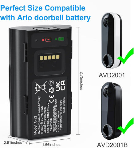 Rechargeable Backup Battery for Arlo Wire-Free Video Doorbell, 7000mAh Replacement Battery Compatible with AVD2001 AVD2001B VMA2400 A-12, Long-Lasting Power Supply for Arlo Doorbell Camera