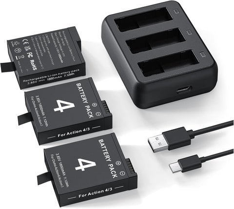 3 Packs Replacement Batteries Compatible with DJI Osmo Action 5pro, Osmo Action 4, Osmo Action 3, 1850mAh Rechargeable Battery, with 3-Channel Battery Charging Base