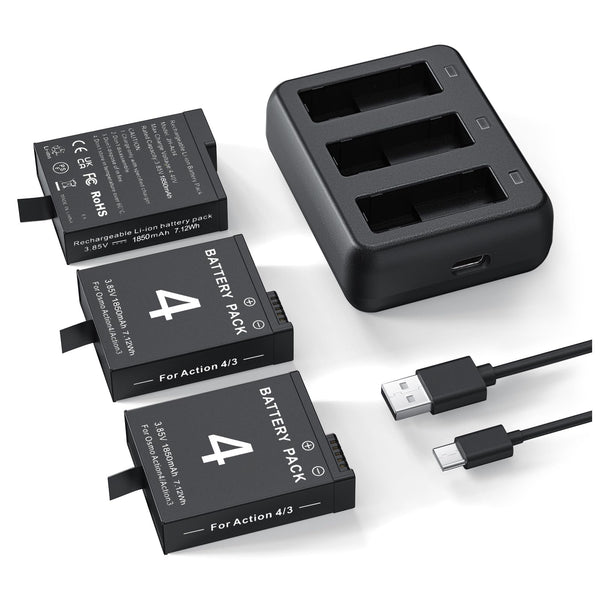 3 Packs Replacement Batteries Compatible with DJI Osmo Action 5pro, Osmo Action 4, Osmo Action 3, 1850mAh Rechargeable Battery, with 3-Channel Battery Charging Base