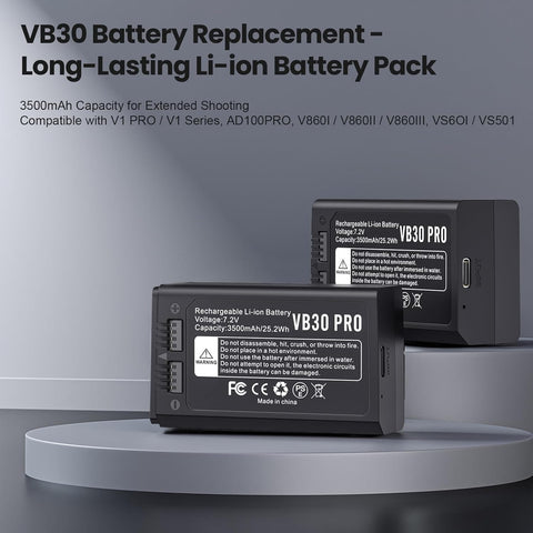 3500mAh 7.2V VB30 Li-ion Battery - Compatible Replacement for GODOX VB26, VB26A, VB26B - Simultaneous Charging & Power for V1PRO, V1, AD100PRO, V860III, V850III Flash