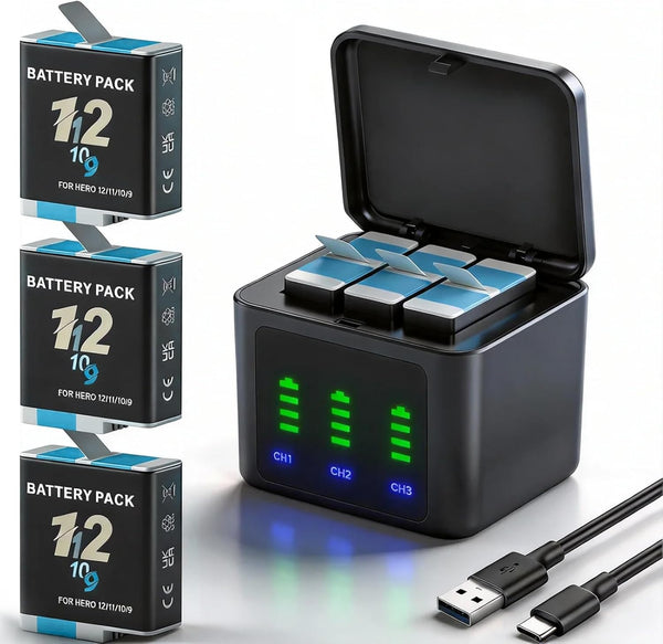 3-Pack 2000mAh Battery Charger Kits for GoPro Hero 12 with 3-Channel Charger,3-Slot GoPro Battery Charger Compatible with Hero 12/11/10/9 Black Camera