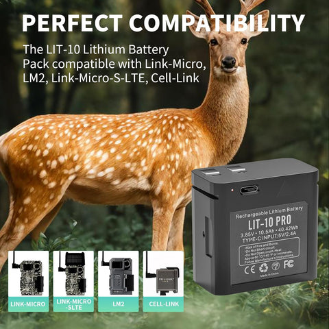 10500mAh Rechargeable LIT-10 Battery Compatible with Cellular Trail Cameras Link-Micro, Cell-Link, LM2, Link-Micro-S-LTE, 3.85V, for Hunting, with Type-C Charging Cable