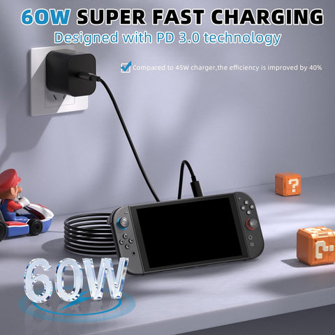 Charger for Nintendo Switch 2/1 / Lite, PD 3.0 Fast Charging Power Supply 20V/3A for Nintendo AC Adapter with 5FT Cable (Switch 2/1 / Lite) (Switch Charger 5FT)