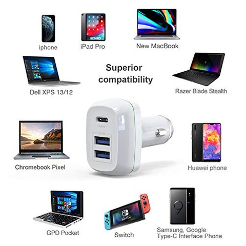 USB C Car Charger, E EGOWAY 60W 3-Port Type C Car Adapter Power Supply with 45W PD Port & 2 USB A Ports Compatible with Mac Book Pro/Air 2018 iPad Pro iPhone Xs/Max/XR/X/8 S10/S9 and More